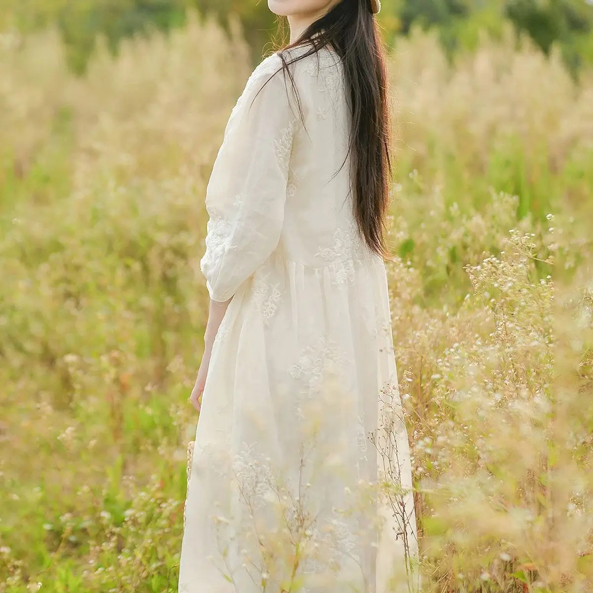 LZJN Vestido de ramie de camada dupla de cintura alta com mangas de comprimento médio, decote em V, vestido longo elegante bordado estilo francês emagrecedor