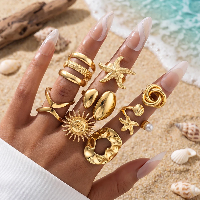 8/14Pcs Gold Starfish Sun Ring Set Women Seashell Flower Open Finger Rings Bohemian Beach Vacation Trendy Stackable Jewelry Gift