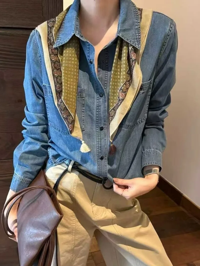 

Retro Patterned Shawl Casual Denim Shirt Long Sleeve Collared Spring 2026 Women's Fashion Breathable Comfortable Straight Cut