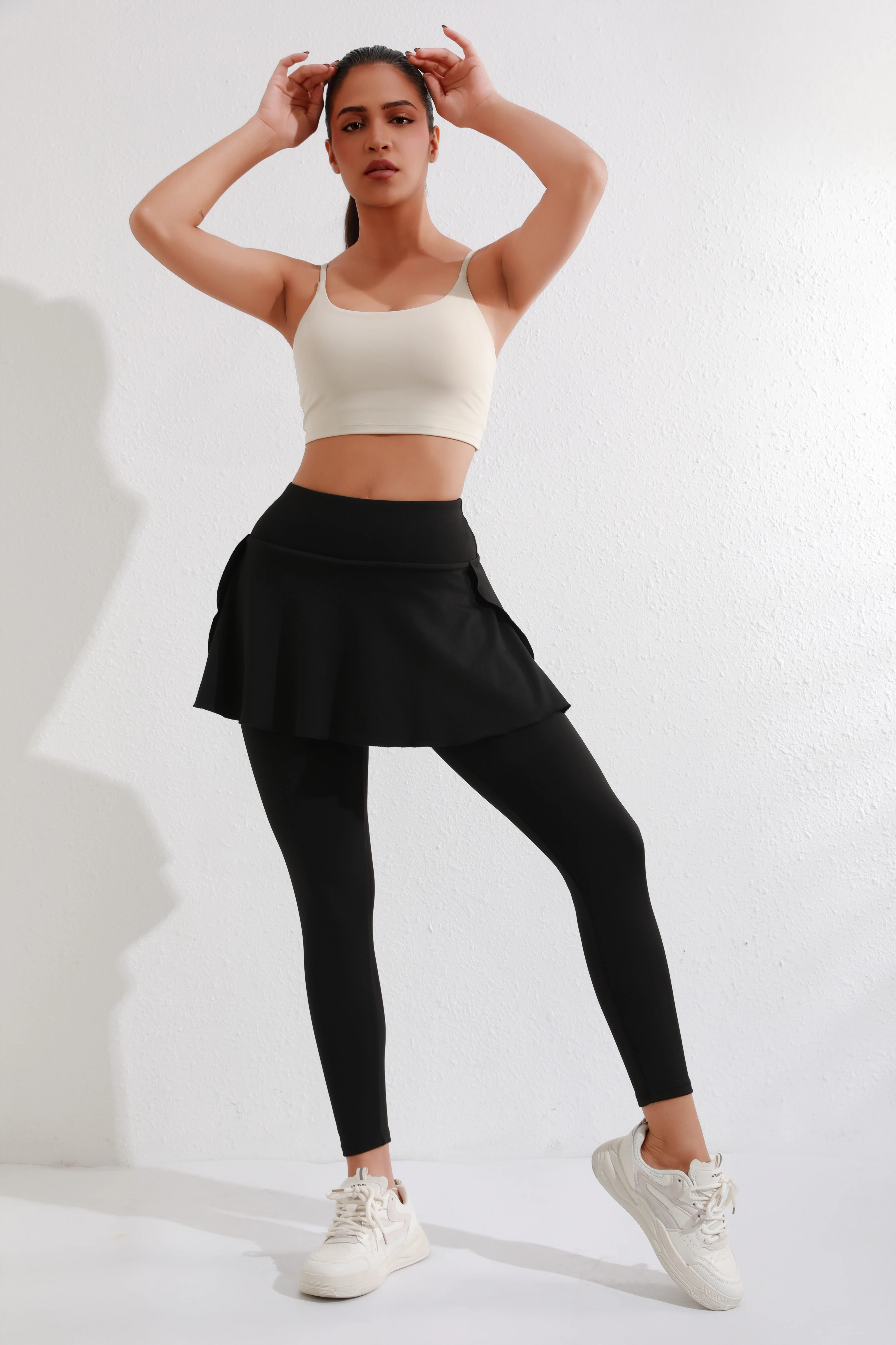 

【2025 Autumn and Winter New Arrival】Women's Fake Two-Piece Skort Pants, High-Waisted Slimming Pleated Hem Yoga Pants, Stretchy T