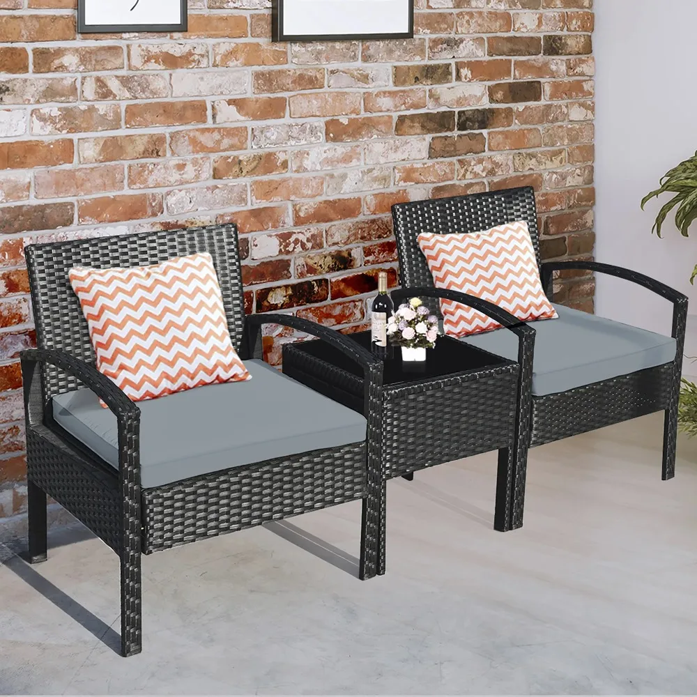 3-teiliges Terrassen-Rattan-Möbel-Set, Couchtisch, Konversationssofa, gepolstert, grau, Gartensofas