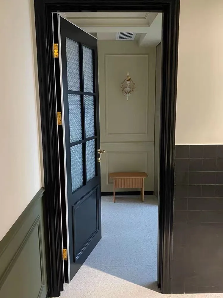 

French retro glass wooden door, black paint door, bedroom room swing door, set wooden door