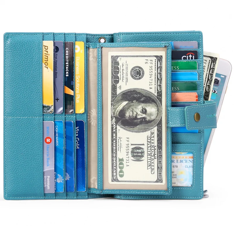 Western Candy Color Zipper Hasp Wrist Women Wallet Large Capacity Many Card Slot Leather Purse for Ladies