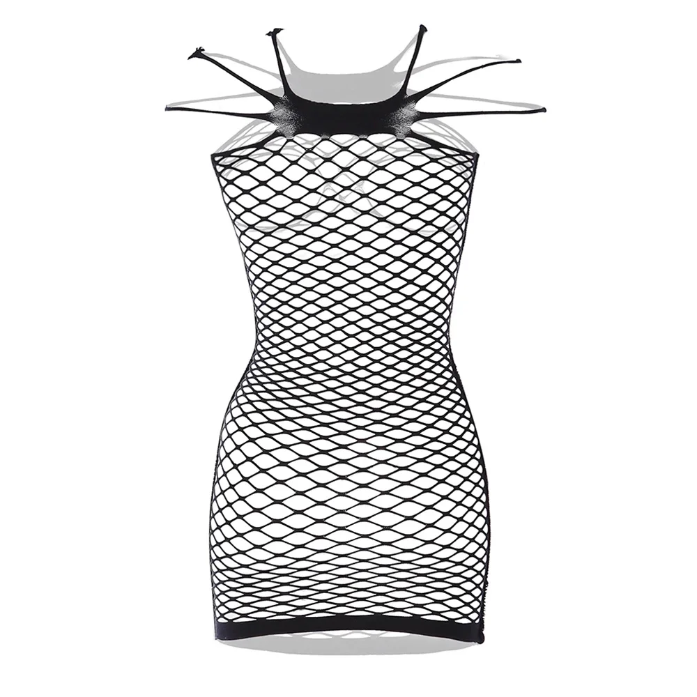 

Sexy Women Fishnet Bodycon Dress Stretch Hollow Out Short Dress Clubwear Party Lingerie See Through Dresses Erotic Sleepwear