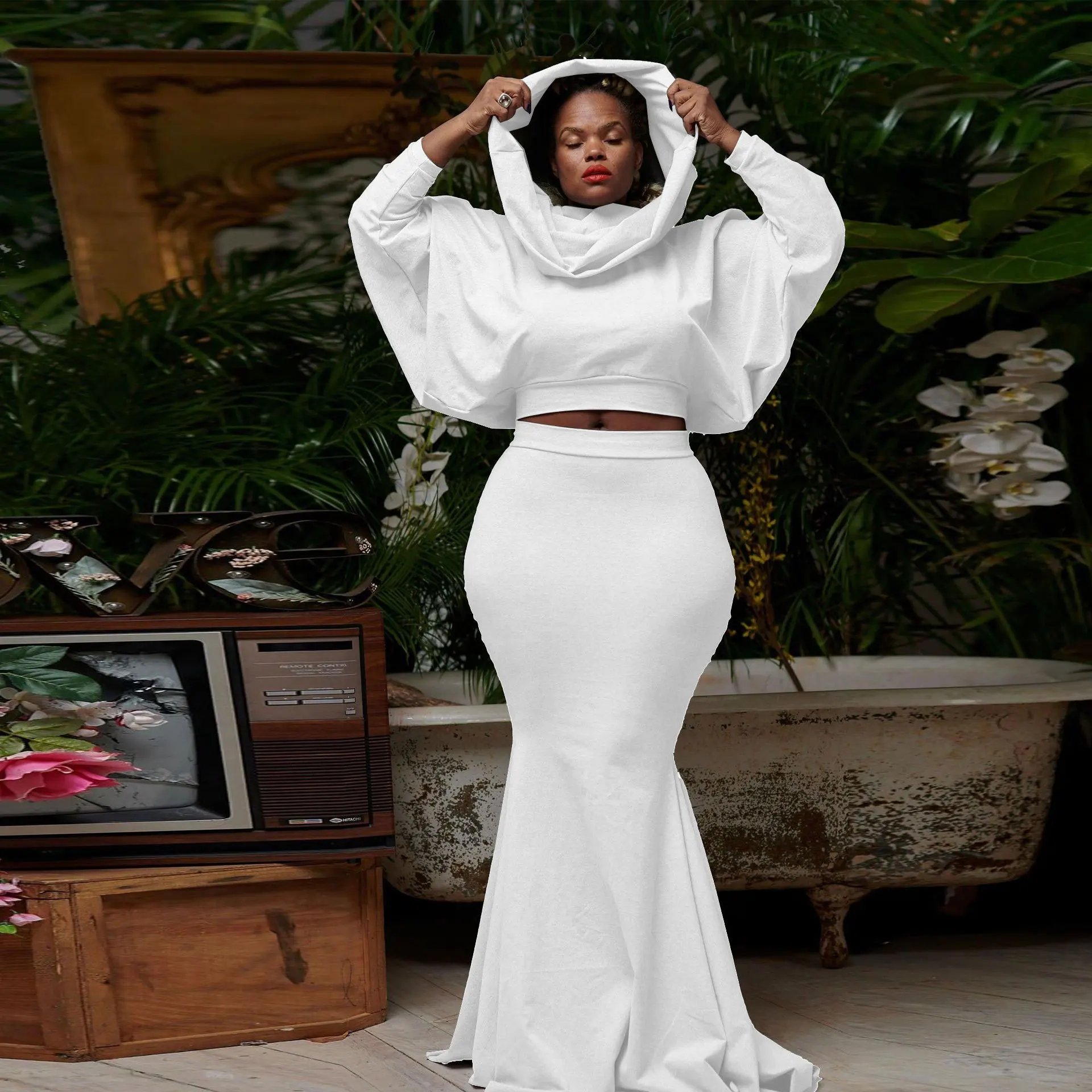 Sexy High Waist Mermaid Maxi Skirt Sets Women 2 Piece Outfits Batwing Long Sleeve Pullover Hooded Shirt 2023 Fashion Streetwear