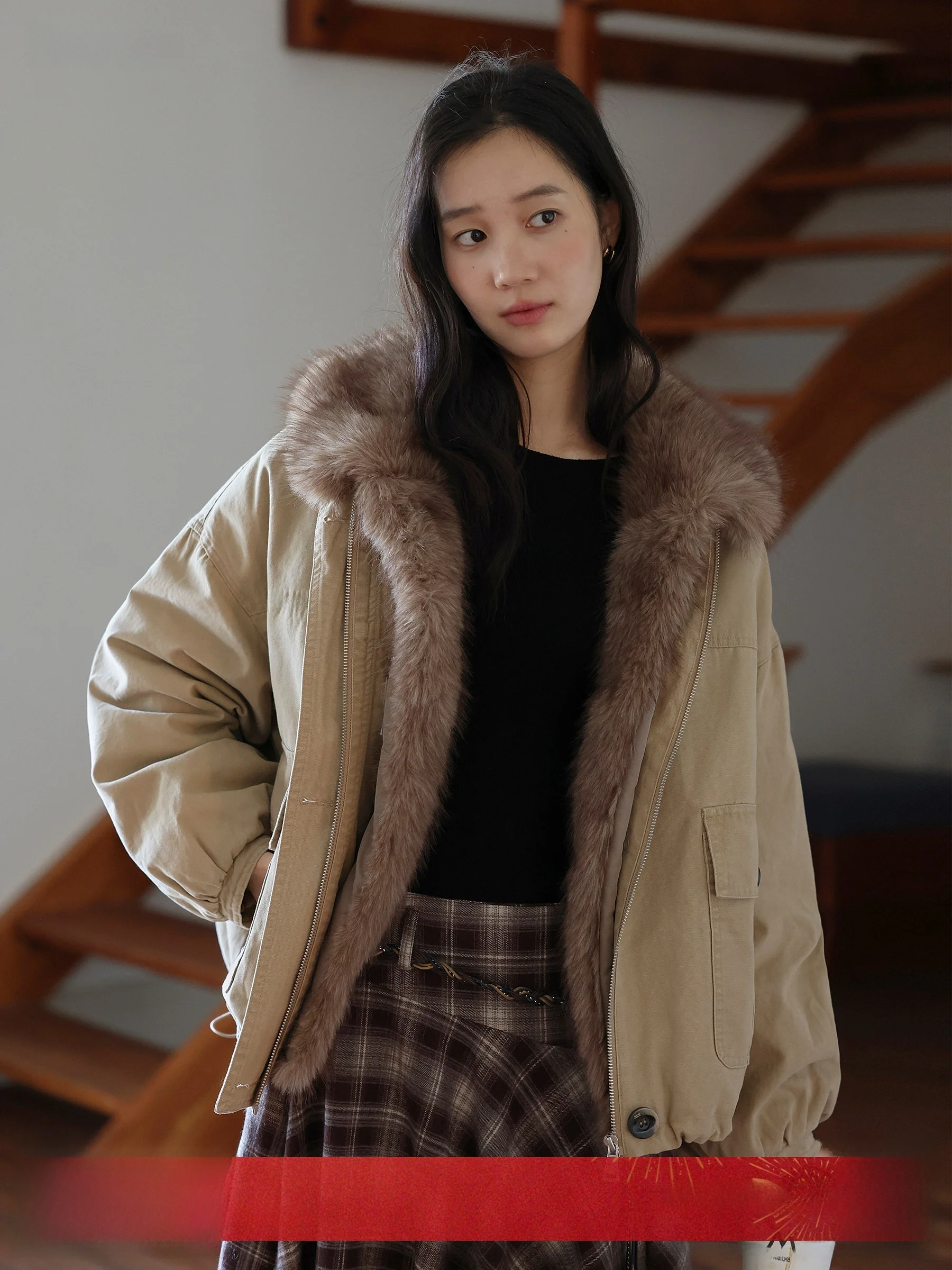 

MUNNS Thiened High Fluffy Cotton Parka Coat with Removable Fur Collar Workwear Sle Long Sve Zipper Closure Hooded Jaet