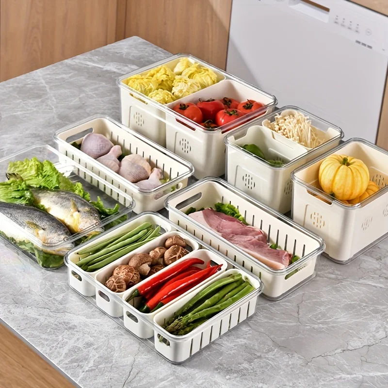 Caja de refrigerador transparente con tapa y cesta de drenaje, organizador de frutas y verduras frescas, contenedores, suministros de cocina para alimentos Preserv