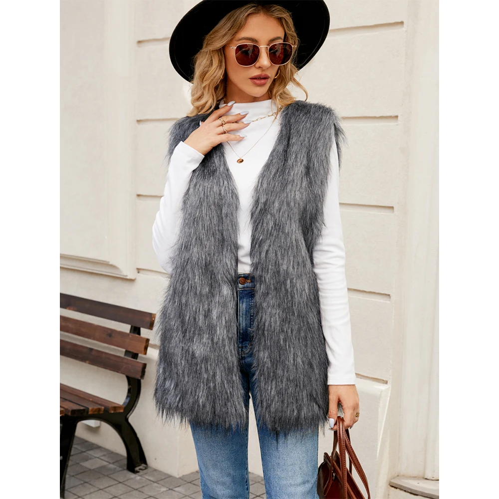 Mia Muse Autumn Winter Women's Long Furry Vest Autumn Fashion Elegant Korean V Neck Open Front Warm Comfortable Jackets