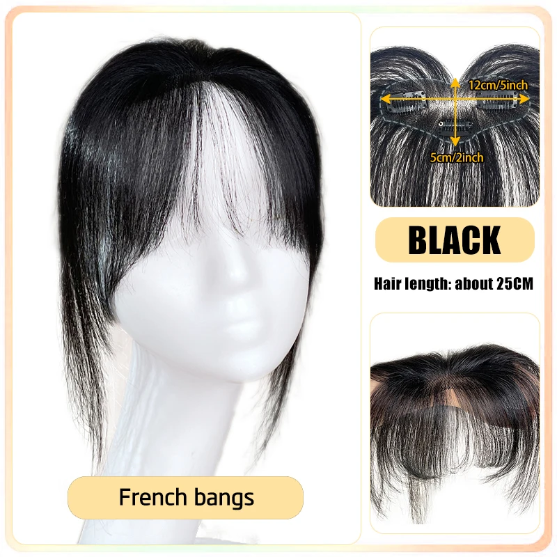 25cm 100% Real Human Hair 3D French Bangs Piece Cover Gray and Increase Hair Volume for Thinning Topper Hair Extension