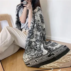 Blended Cashmere Ink Wash Printing Scarf Fashion Tassel Shawl For Women Winter Warm Scarf Neckerchief