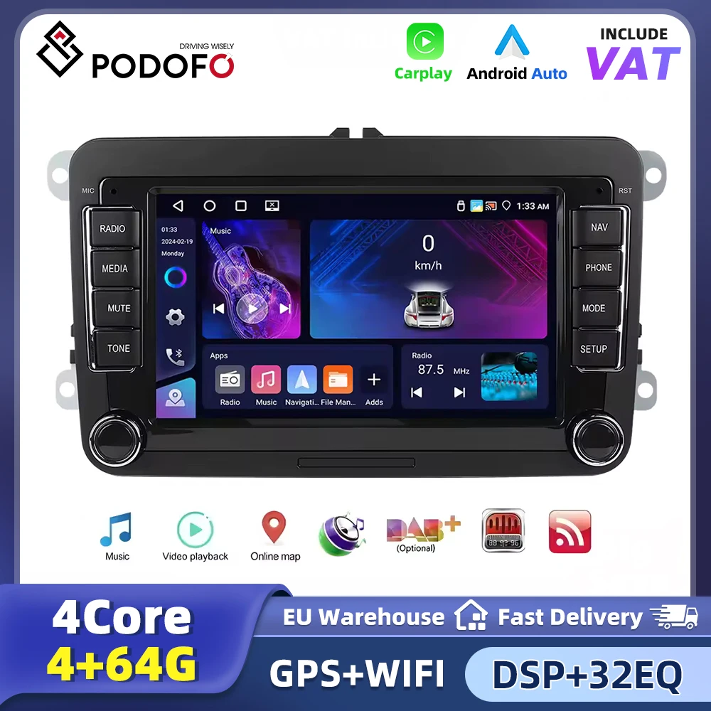 Podofo 6+128G Android 2Din Autoradio mit Carplay Android Auto, FM-Empfänger, KI-Sprachsteuerung, DSP für VW Seat Skoda PASSAT GOLF GPS-Navigation