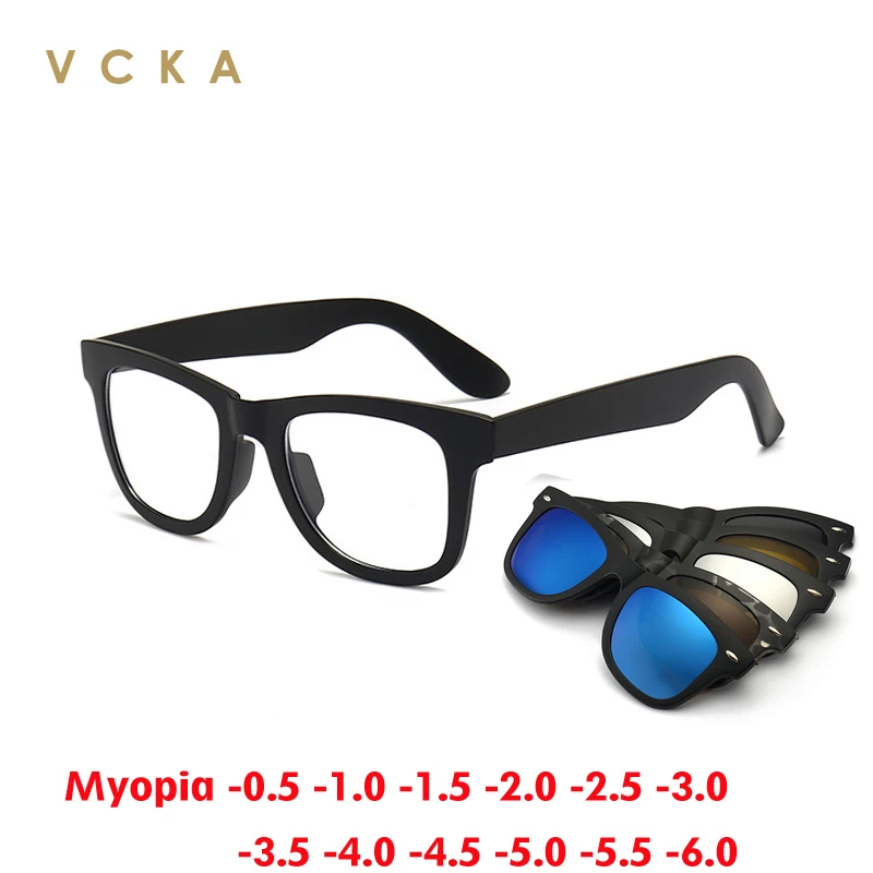 VCKA 6 In1 Men Polarized Myopia Sunglasses Classic Optical Magnetic Clip  Prescription Custom Women Glasses Frame -0.5~-10