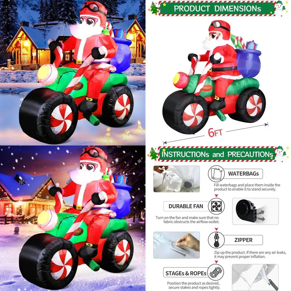 

Гигантский надувной мотоцикл Санта-Клауса 6 футов, уличный светодиодный декор для рождественского двора, праздничный дисплей для лужайки