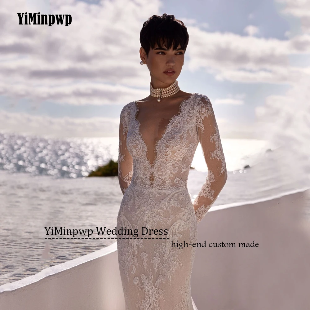 Vestidos de novia de playa de manga larga sirena con cuello en V sin espalda vestido de novia Sexy apliques vestido de novia vestidos de novia personalizados
