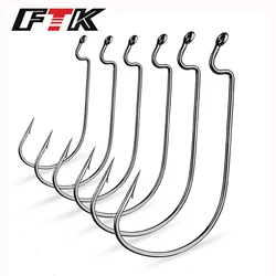 FTK 10Pcs Long Handle Worm Barbed Fishing Hook Offset Fishhooks Texas Rigs High Carbon Steel Soft Bait C Rig Hook Accessories