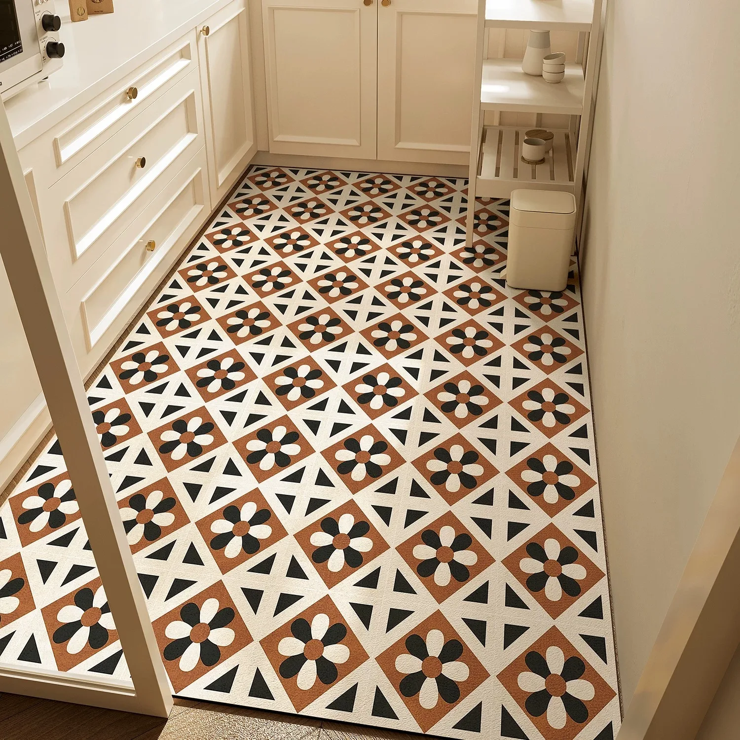 Retro Geometric Pattern Kitchen Floor Mat Oil-proof Waterproof Impermeable Rug PVC Leather Carpet Non-slip Rugs Коврик Для Кухни