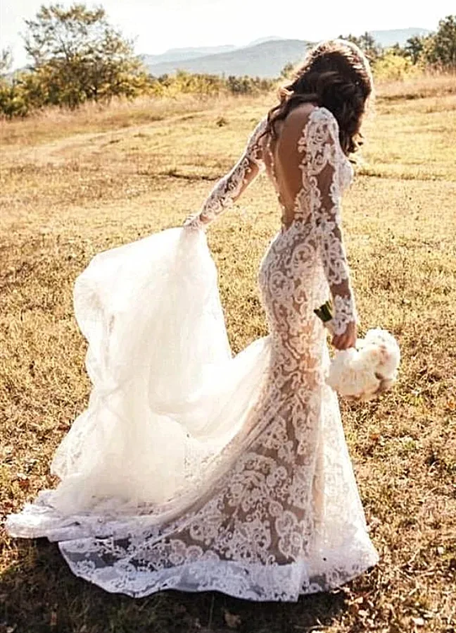 Designer Lace Mermaid Wedding Dresses Long Sleeves Sheer Back Sexy Ivory Lace Bridal Gowns With Nude Lining 2023