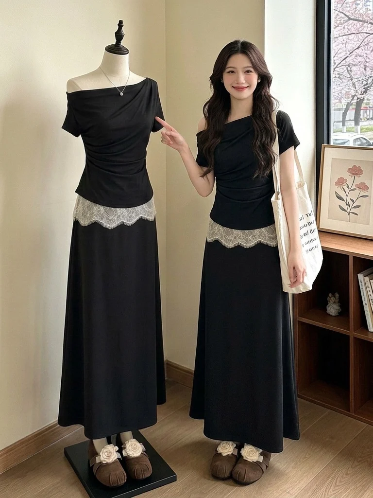 

Black Lace Trim Shoulder Bared Two Piece Set Large Size Women's Summer Fashion Ensemble High Waist Long Skirt Commute Style