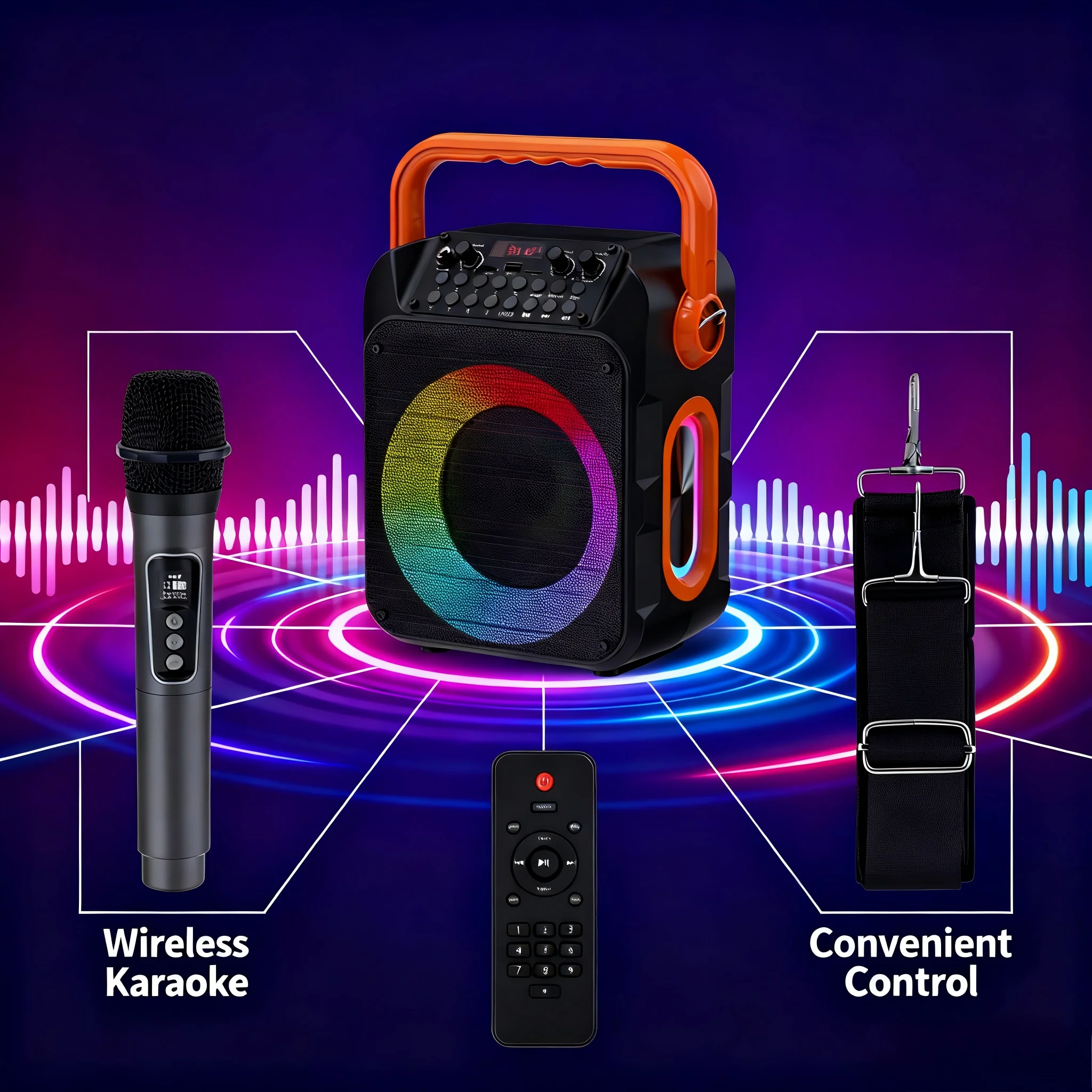 Karaoke machine, 2 wireless microphones, LED colorful lights, high-power speaker, portable Bluetooth speaker, supports Bluetooth