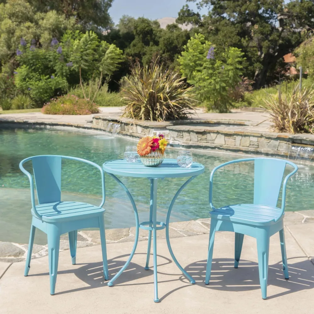 2024 New Outdoor 3 Piece Iron Bistro Set, Outdoor Furniture Set, Matte Blue