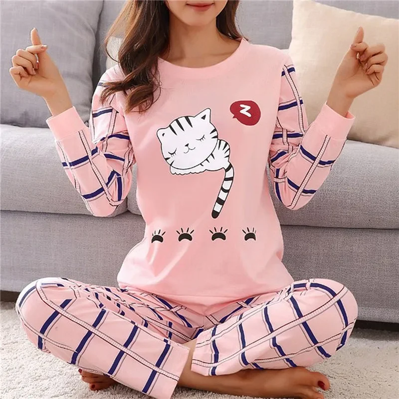 Women Cute Cartoon Spring Autumn Long-sleeved Trousers Pajamas Set Casual Large Size Sleepwear Ladies Cotton Homewear Clothes