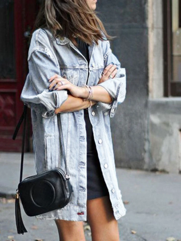 2026 Women Popular Mid Length Dark Hole Denim Trench Coat Oversized Denim Jacket Women Long Jeans Jacket Blue Jean Jacket Fall