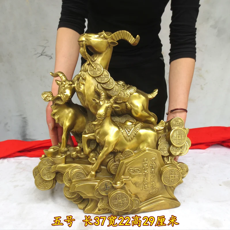 large HOME SHOP Company Business booming Money Drawing bring good luck money SAN YANG KAI TAI FENG SHUI Auspicious brass statue