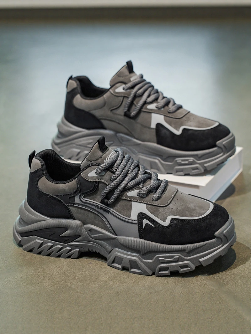 Men's Casual Sport Shoes 2026 New Fall Anti-Slip Versatile Thick Bottom Heightening Dad Trendy Shoes Leather Upgraded Version