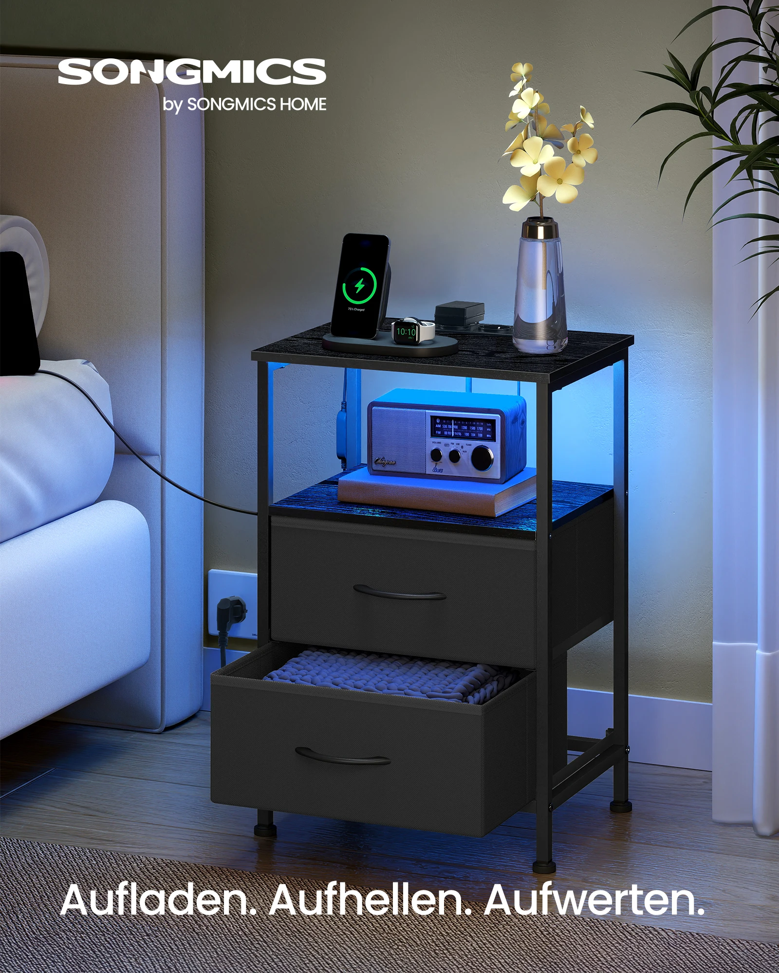 Image of SONGMICS Nachttisch mit LED-Beleuchtung und Ladestation, Nachttisch mit 2 Schubladen und offenem Fach