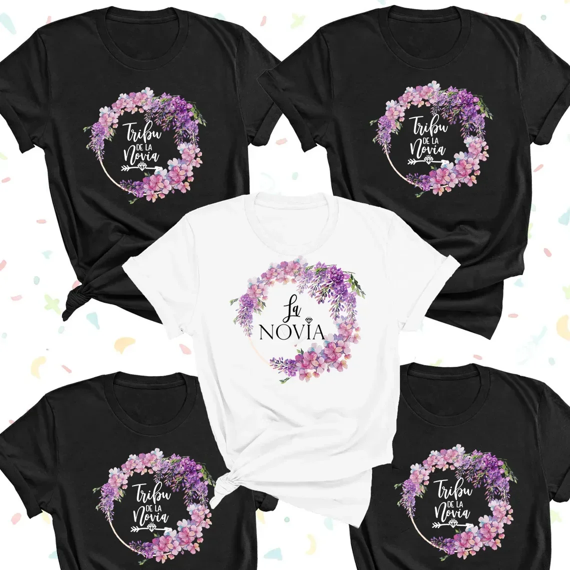 

Women garland La Novia Spain Inscriptions Team Bride Femme Wedding Shower T-Shirt Girl Bachelorette Hen Party T Shirts