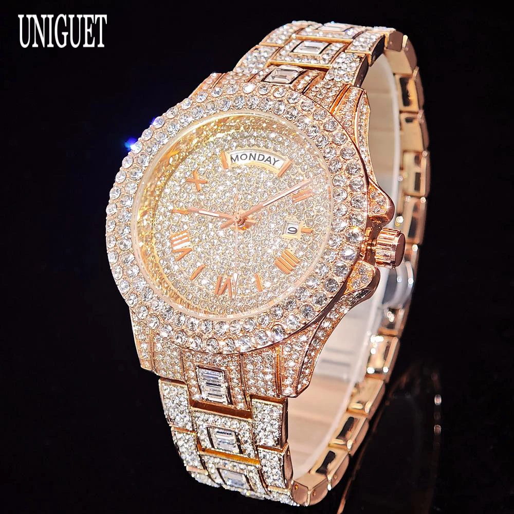 UNIGUET Luxury Diamond Watches Men Fashion Hip Hop Iced Out Bling Jewelry Quartz Wristwatch With Date Week Reloj Hombre Hot Sale