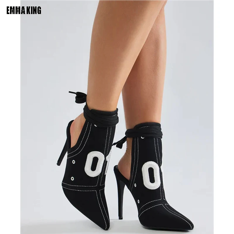 Women Black Jeans Short Shoes Super High Heel Ankle Boots Pointed Toe Footwear Leaking Heel Boots 44