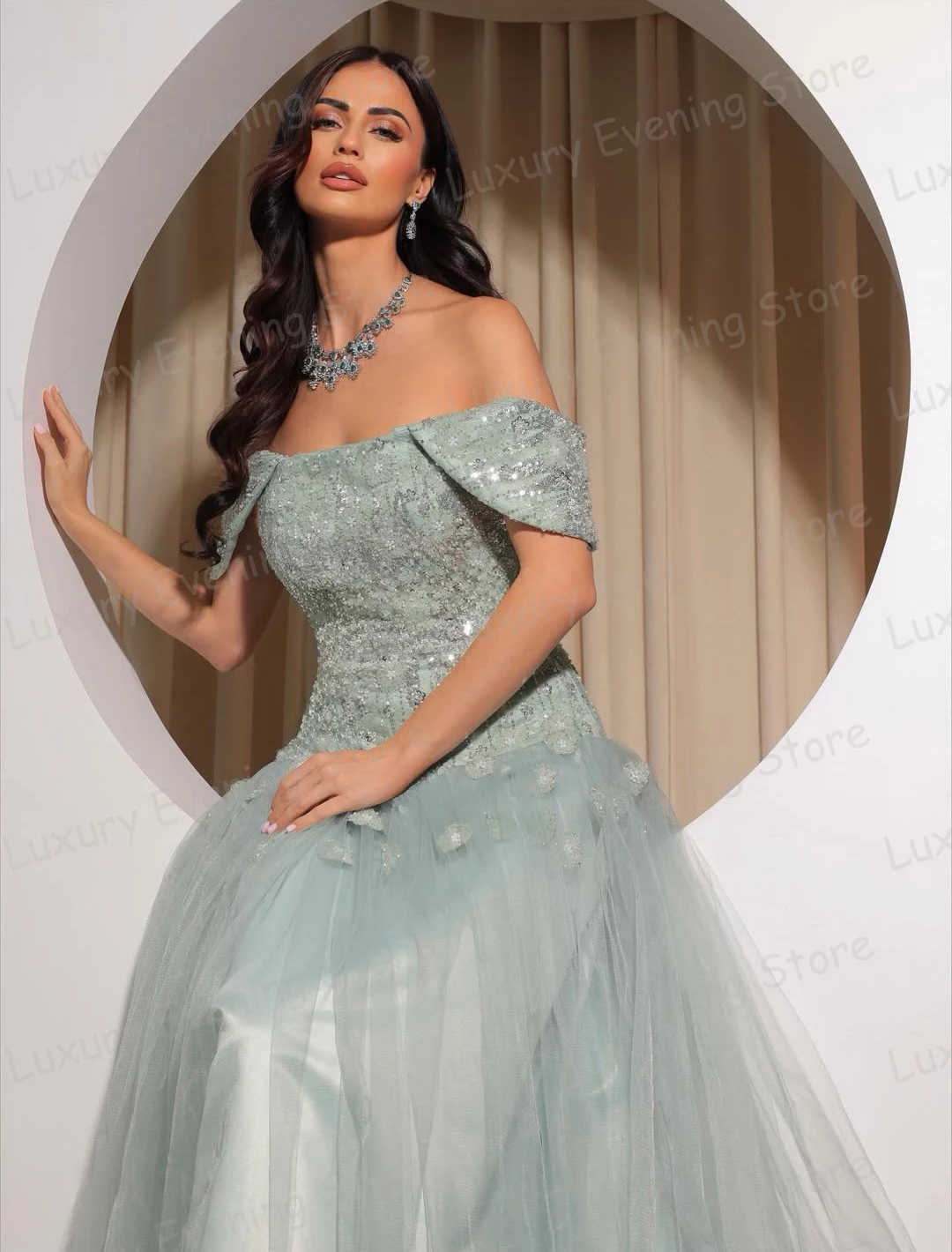 Luxe Applicaties Avondjurken Vrouw Ruches Een Lijn Prom Jassen Tule Mode Strand Party Vestidos De Novia Aangepaste Gala