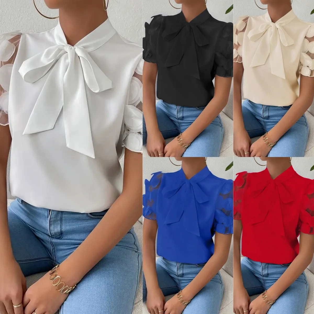 Women's Short-sleeved Shirt Lace-up Bow Collar Summer Red Hollow Office White Top Elegant Blouses for Female