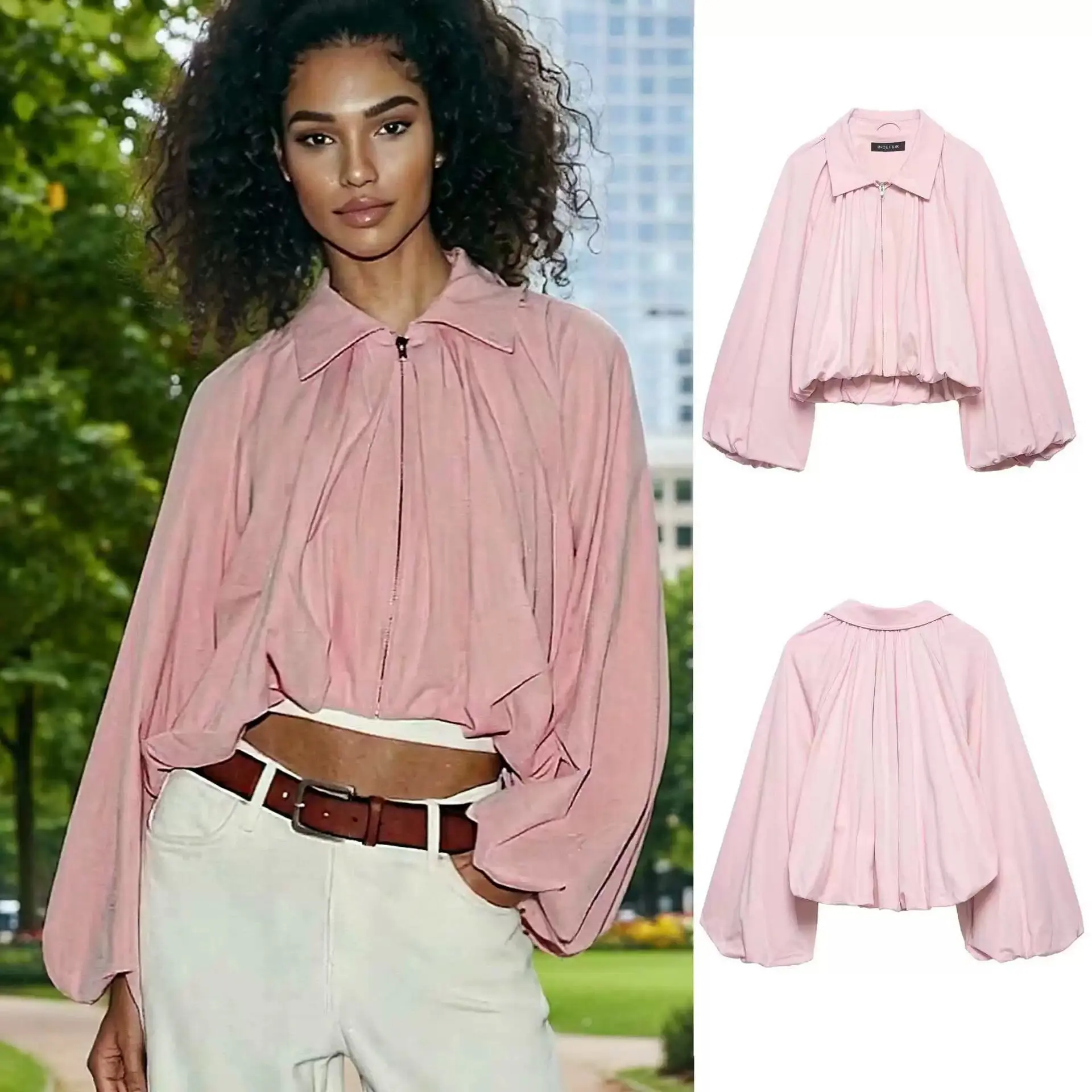 PRINKAOIR Neue 2026 Damen Rosa Puffärmel Plissierte Bomberjacke mit Reißverschluss vorne Lässiger Loser Crop-Mantel