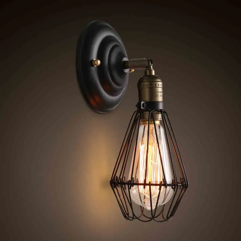 

Vintage Lamp LED Wall Lamp Iron Lampshade Metal Wire Cage Lamp Bedroom Bedside Interior Wall Light Parlor Modern Wall Decor Arts