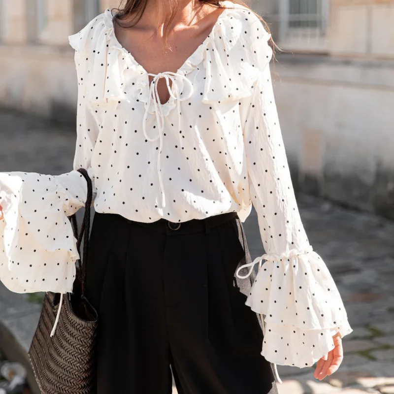 

Spring and Autumn Women's Retro Polka Dot Ruffle Collar Flared Sleeves with Lace Up, Slim Fit
