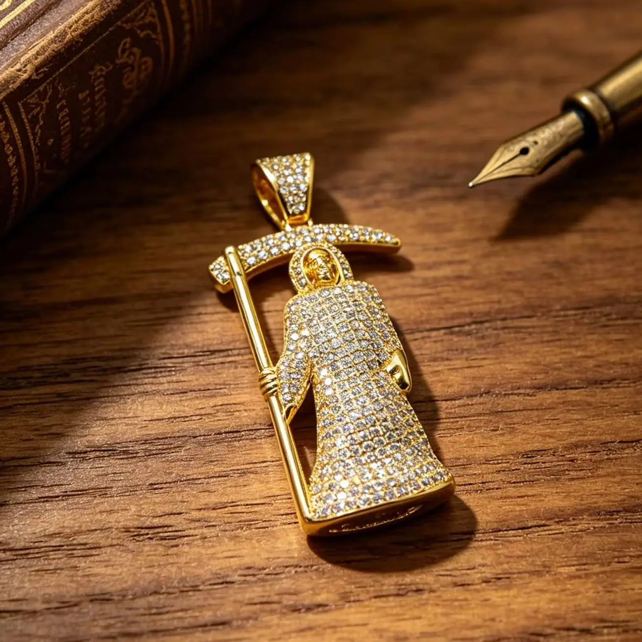 Iced Out CZ Santa Muerte Pendant Necklace Gold Plated Grim Reaper Scythe Balance Owl Religious Amulet Hip Hop Jewelry Unisex