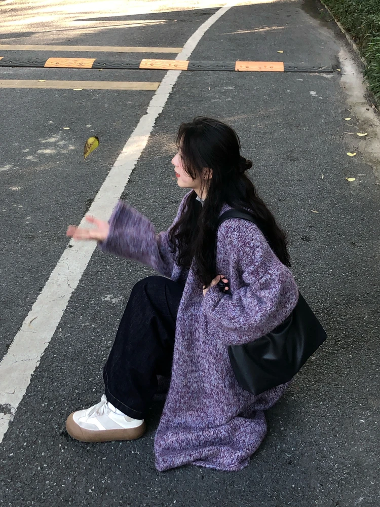 

Loose Long Knitted Sweater Cardigan Women's Autumn Winter Faion Lazy Sle Purple Mist Outerwear Coat Soft Warm Thiened