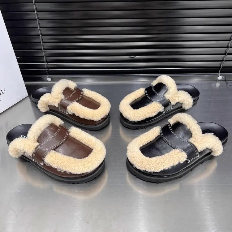 2025 Winter Casual Fashion Women\'s Shoes Lamb Velvet Thick-soled Baotou Slippers Women\'s Flat-soled Warm Mules Zapatos De Mujer