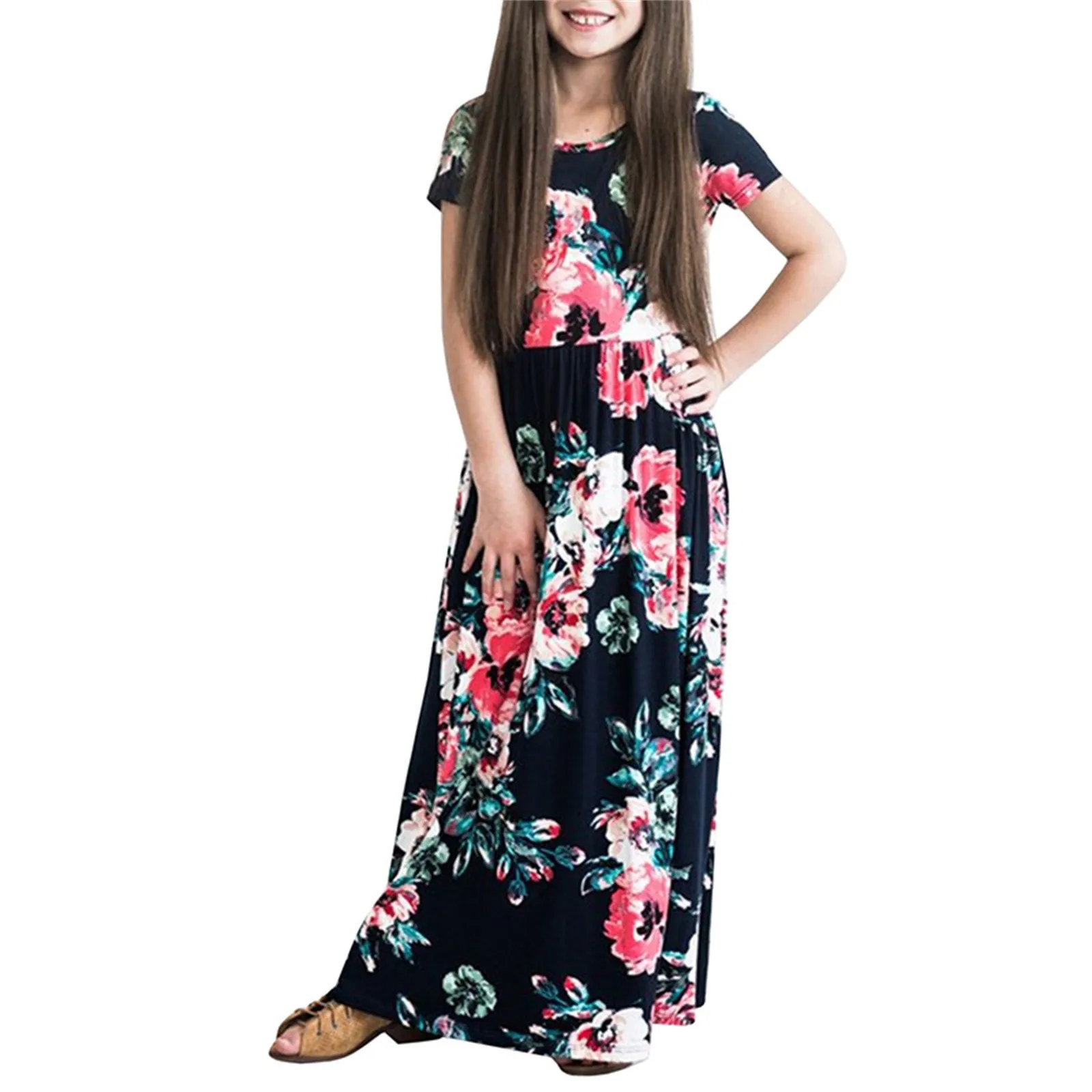 Girls Printed Long Dress Teenager Beach Party Bohemia Maxi Dresses Pocket Kids Casual Sundress Outfits Beachwear For Children