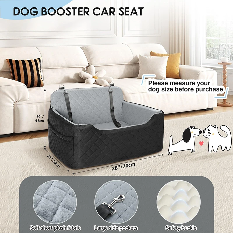 Stylish Oxford Cotton Dog Car Seat Memory Foam Booster Elevated Pet Car Seat for Medium to Large Dogs