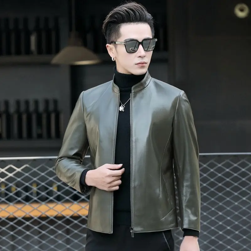 

2022 Men's Spring Autumn New Genuine Sheepskin Jackets Male Motorcycle Leather Coats Men Short Stand Collar Slim Overcoats N126