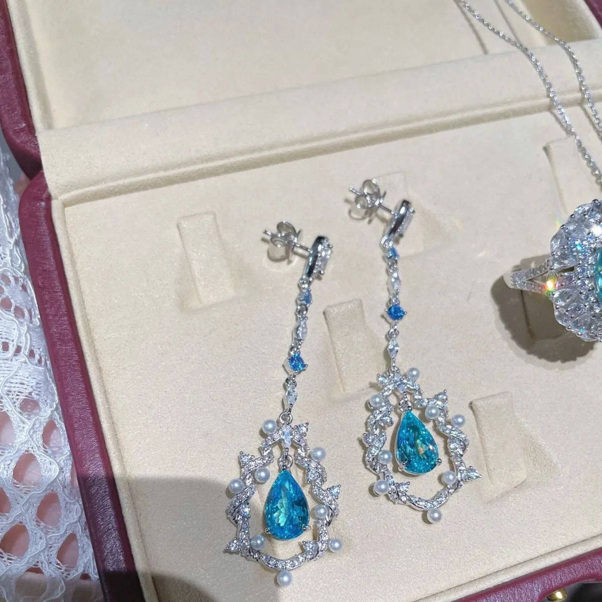 Sparkling 925 Sterling Silver Pear Cut Paraiba Tourmaline High Carbon Diamonds Gems Wedding Drop Earrings Fine Jewelry