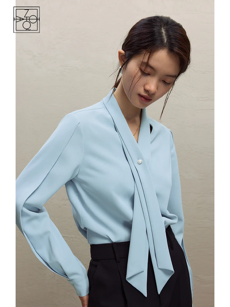 

ZIQIAO Retro French Style Ribbon Blue Shirt for Women 2023 Autumn and Winter Niche Design Commuter Elegant Top Shirt Female