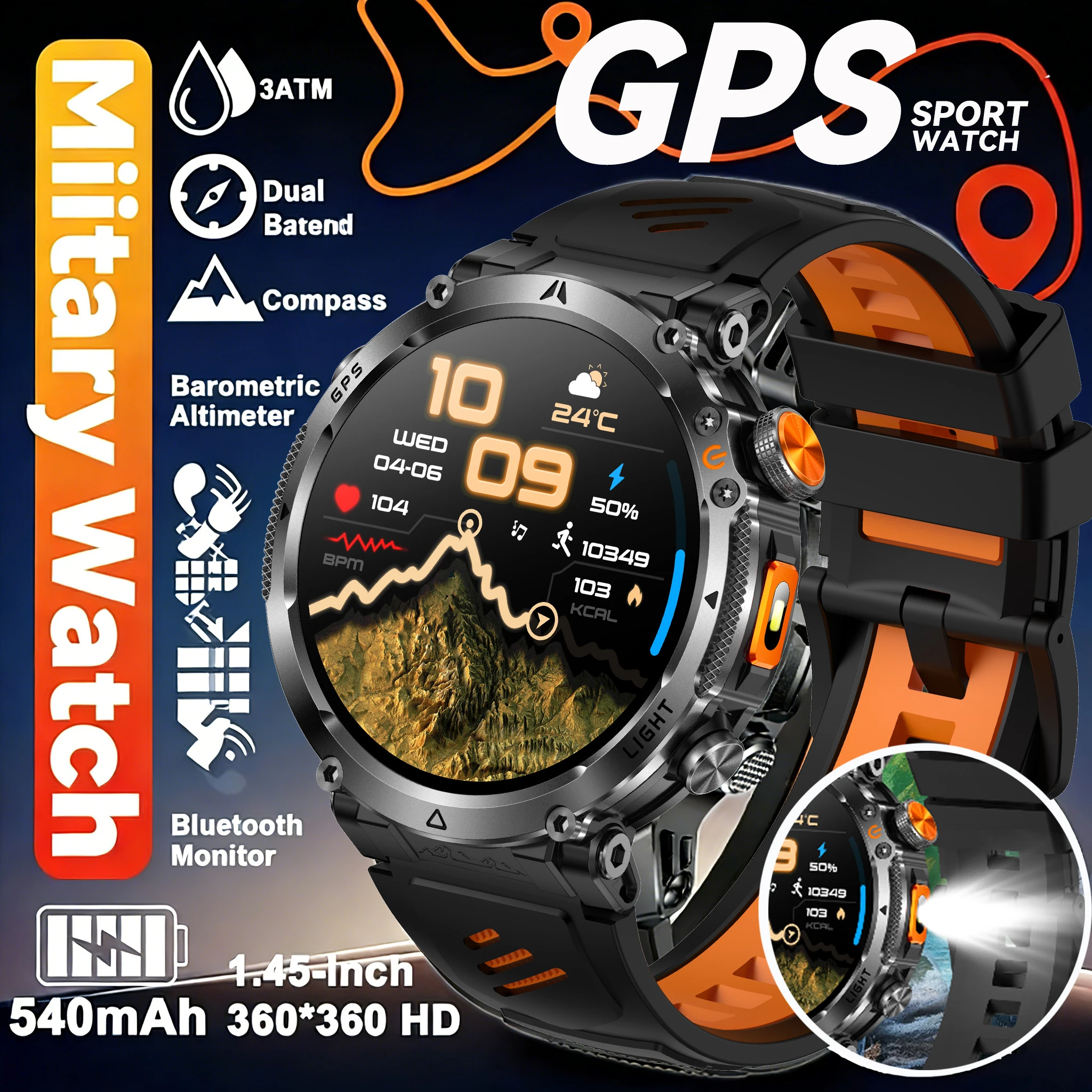 

Новые военные GPS-смарт-часы 2026 года для мужчин: компас, водонепроницаемость 3ATM, отслеживание фитнеса и плавания, AMOLED HD-экран, аккумулятор 580 мАч