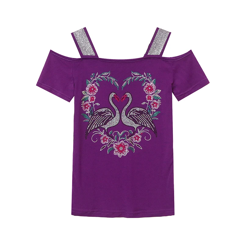 بجعة نسائية لامعة الماس فوق الكتف ، ملابس صيفية عالية الجودة ، تيشيرت فاخر مثير ، علامة تجارية أنيقة ، تيشيرتات نسائية #3