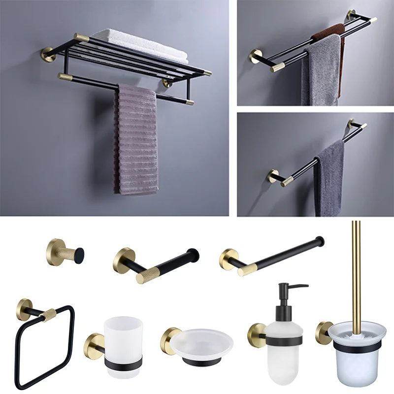 

Black Gold Wall Mount Shelf Bathroom Accessories - Toilet Bath Hardware with Paper Holder Towel Bar Rack Robe Hook Hanger
