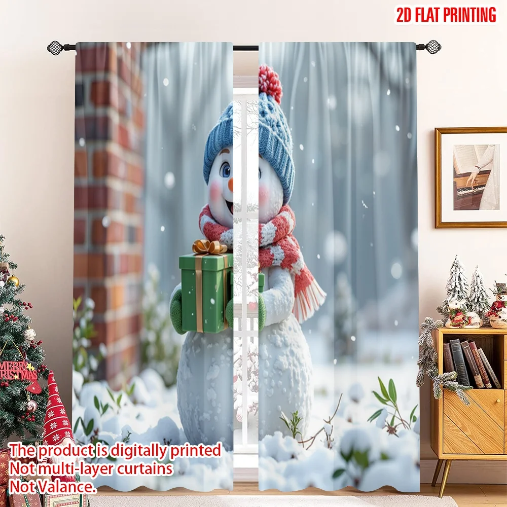 

2pcs 2D flat printing Merry Christmas Popular Curtain Happy Snowman Christmas Gifts 100% Polyester Without Electricity Festive