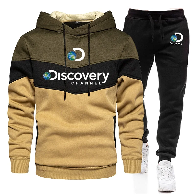 New Autumn/Winter Discovery Channel Patchwork Warm Sportswear Set Men's Hoodie + Sports Pants White Black Red Yellow